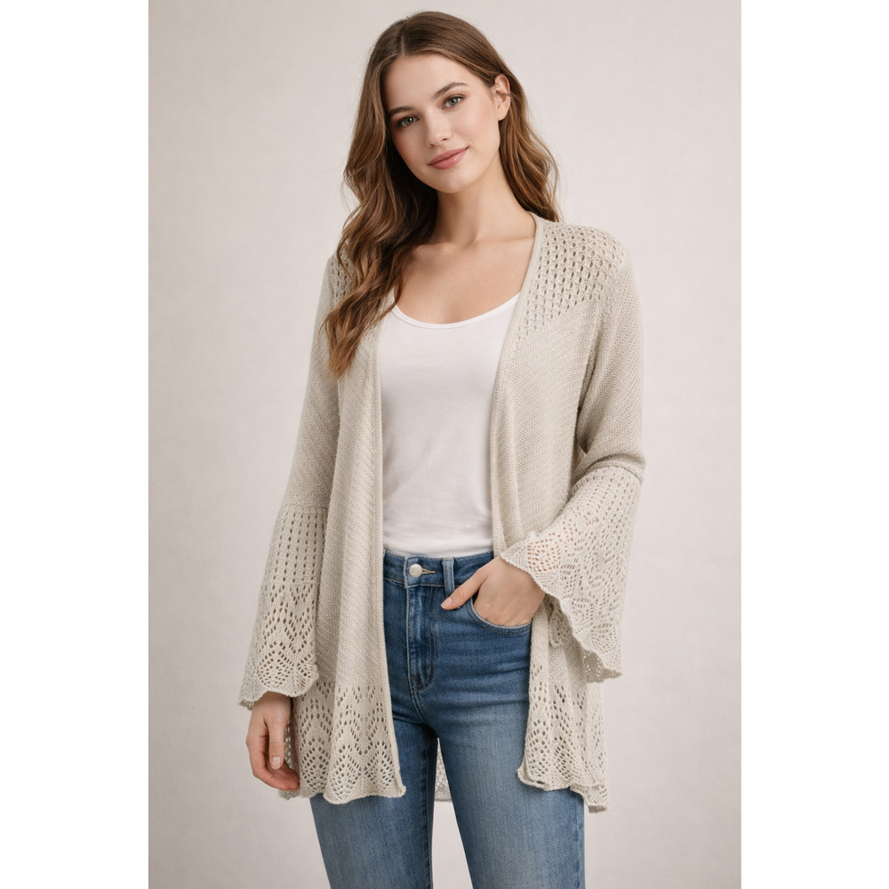 LC Lauren Conrad XS Cream Open-Knit Bell-Sleeve Pointelle Cardigan Bell Sleeve
